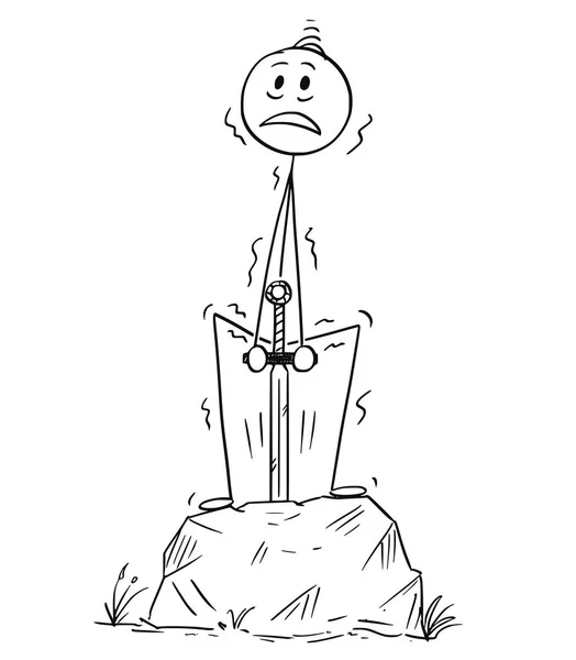Tecknad av Man eller affärsman som försöker dra svärdet Excalibur från stenen — Stock vektor