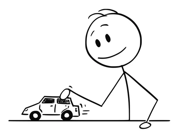 Kartun Boy, Man or Businessman Bermain Dengan Mobil Mainan - Stok Vektor