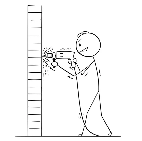 Dibujos animados del hombre usando taladro de poder para crear agujero en la pared — Vector de stock