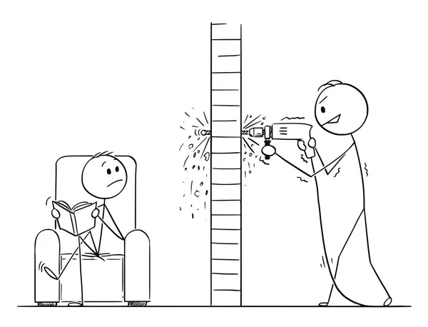 Caricature de l'homme utilisant Power Drill et faire trou dans le mur, mais en passant par un autre appartement — Image vectorielle