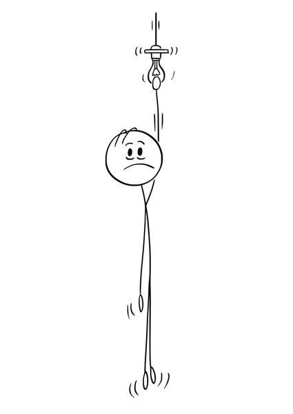 Cartoon of Man Hanging on the Light Bulb of Pendant Light — Stock Vector