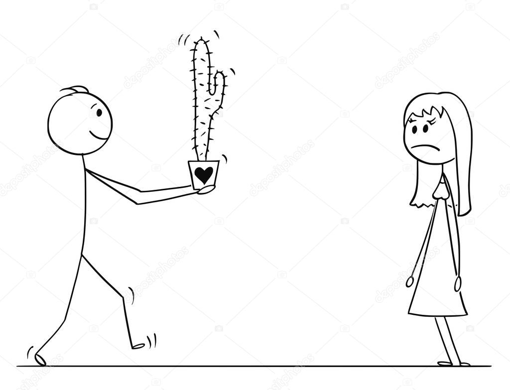 Stick Character Cartoon of Loving Man or Boy Giving Cactus Plant Flower to Woman or Girl on Date