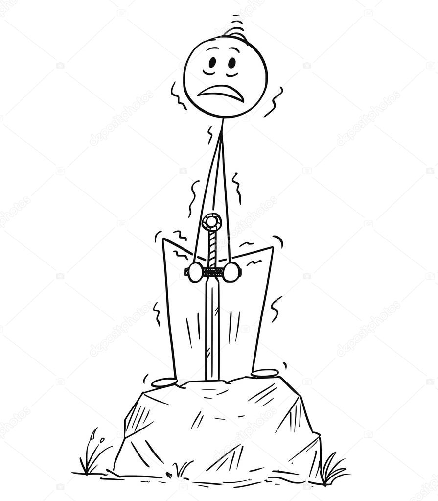 Cartoon of Man or Businessman Trying to Pull the Excalibur Sword From the Stone