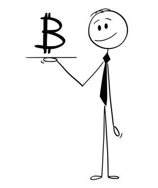 Garson veya his veya tepsi Bitcoin Cryptocurrency para birimi simgesi ile tutan işadamı çizgi film