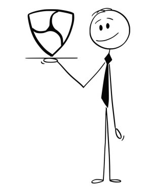 Garson veya his veya tepsi ile Nem Cryptocurrency para birimi simgesi tutan işadamı çizgi film