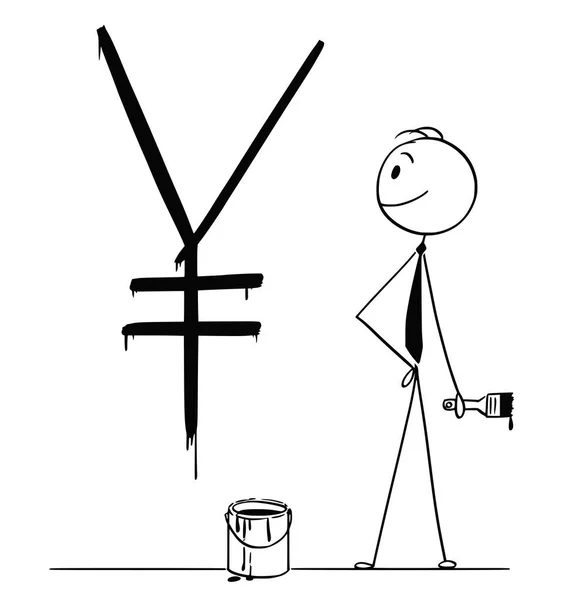 Dessin animé de l'homme d'affaires avec la boîte de peinture et la brosse et le symbole japonais de yen peint sur le mur — Image vectorielle