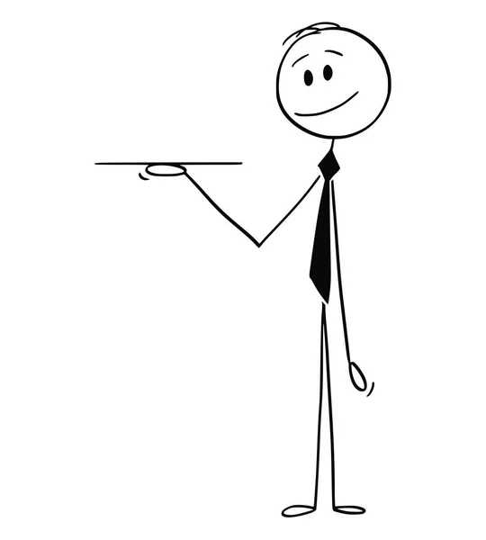 Γελοιογραφία του σερβιτόρου ή επιχειρηματίας κρατώντας κενός δίσκος ή θήκη — Διανυσματικό Αρχείο