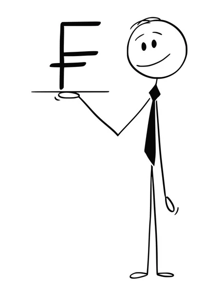 Caricature de serveur ou d'homme d'affaires tenant un salver ou un plateau avec symbole de devise Franc suisse — Image vectorielle