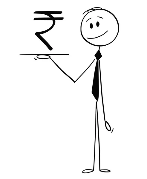 Tecknad av servitören eller affärsman som innehar Salver eller bricka med valutasymbolen för indiska rupier — Stock vektor