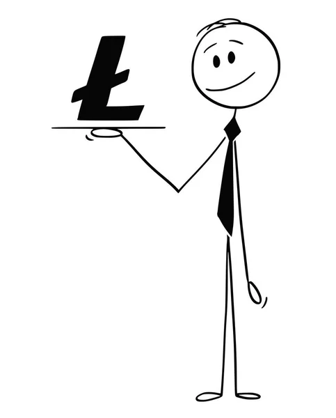 Карикатура на официанта или бизнесмена, держащего Salver или Tray с символом криптовалюты Litecoin — стоковый вектор