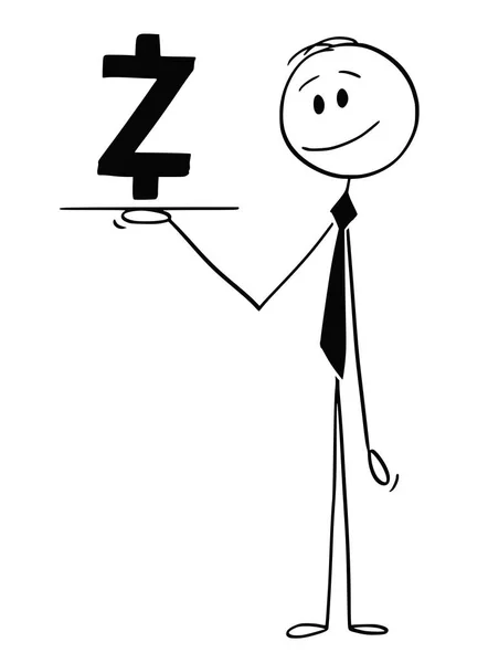 Cartone animato di cameriere o uomo d'affari che tiene Salver o vassoio con Zcash criptovaluta Simbolo di valuta — Vettoriale Stock