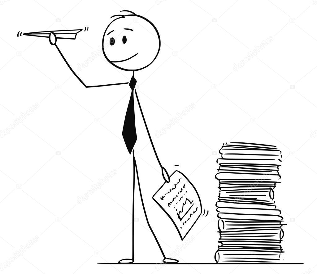 Cartoon of Businessman Throwing Paper Airplane Made From Office Documents