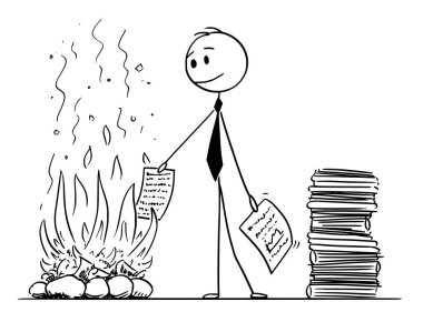 Karikatür işadamı veya kağıt belgeleri şöminede yanan katip