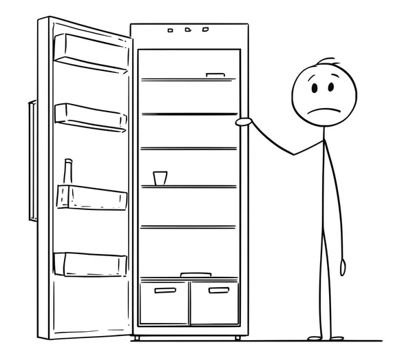 Dibujos animados del hombre hambriento y refrigerador vacío o refrigerador — Vector de stock
