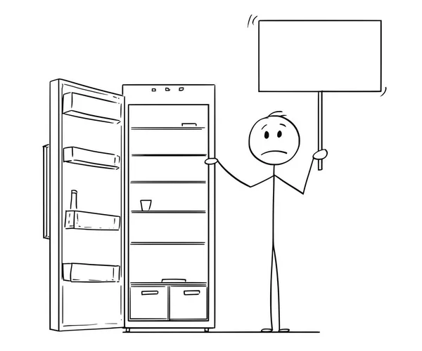 Caricatura del hombre hambriento sosteniendo signo vacío y refrigerador vacío o refrigerador — Archivo Imágenes Vectoriales