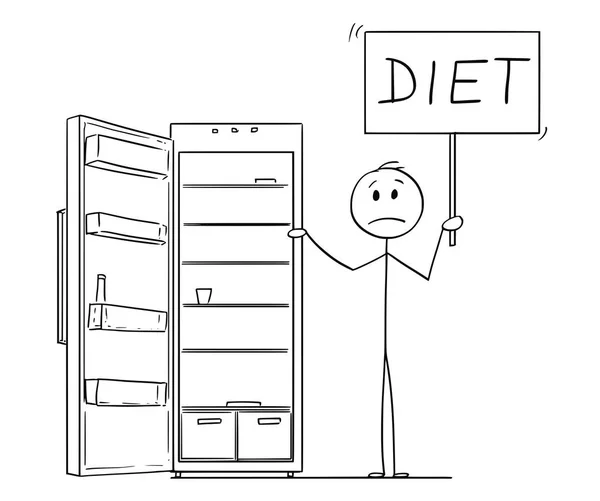 Cartoon of Hungry Man Holding Diet Sign and Empty Fridge or Refrigerator - Stok Vektor