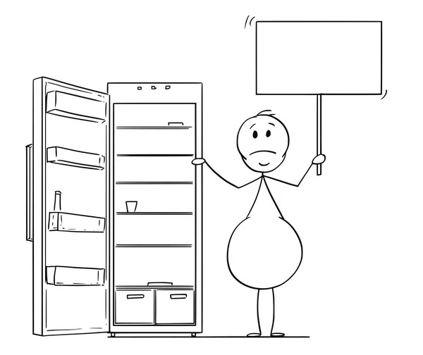 Dibujos animados de obeso hambriento o gordo hombre sosteniendo signo vacío y refrigerador vacío o refrigerador — Vector de stock