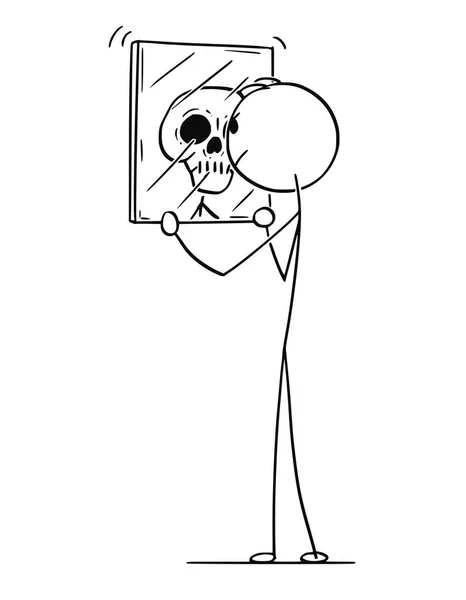 거울을 보고 자신 및 두개골 또는 죽음을 보는 남자의 만화 — 스톡 벡터