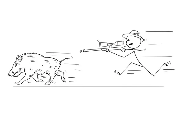Caricatura de cazador con alcance rifle caza jabalí o cerdo — Vector de stock