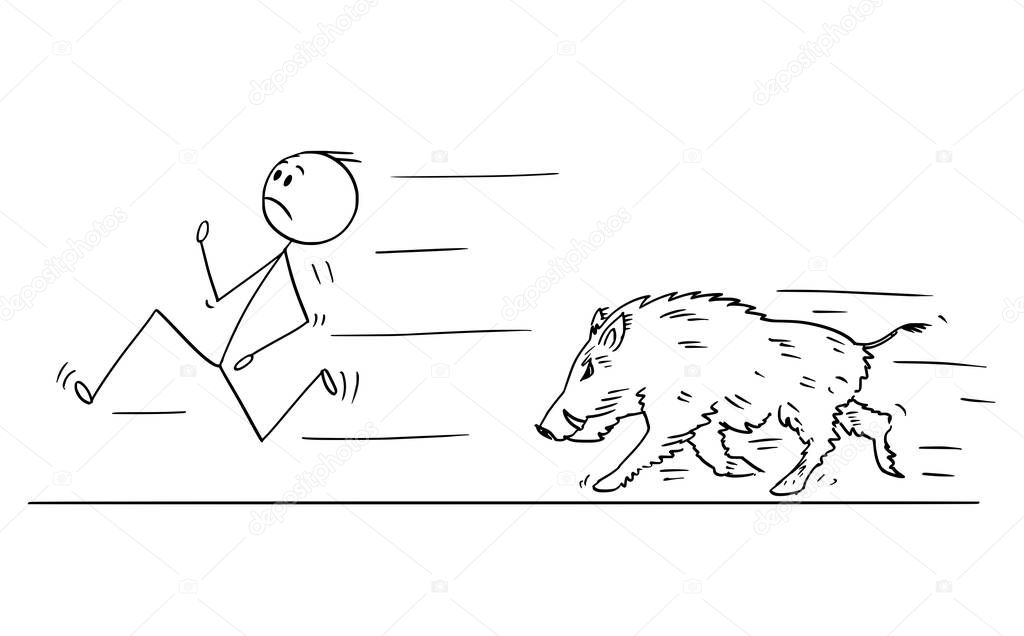 Cartoon of Man Running Away From Wild Boar