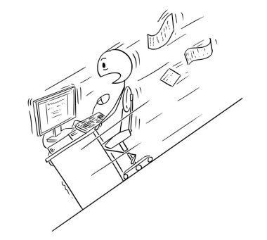 Cartoon of Businessman Sitting Behind his Desk and Moving Fast Down the Hill clipart