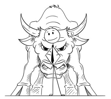 Boğa ile onun arkasında yükselen piyasa fiyatları piyasa sembolü olarak ayakta işadamı çizgi film