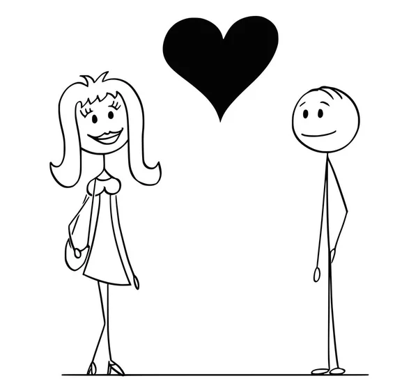 Dibujos animados del hombre y la mujer con gran corazón entre ellos como símbolo de amor — Vector de stock