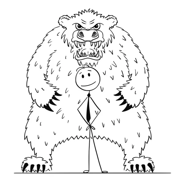 Caricatura del hombre de negocios de pie con oso detrás de él como la caída de los precios de mercado Símbolo — Archivo Imágenes Vectoriales