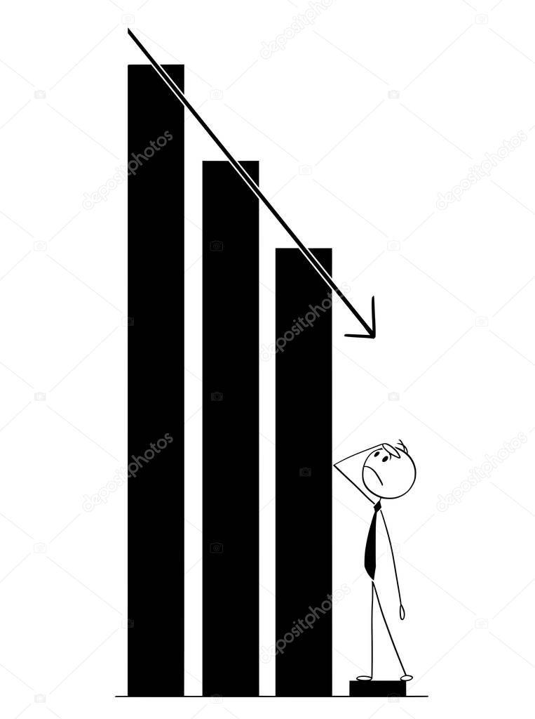 Cartoon of Businessman Watching Decline of Graph or Chart