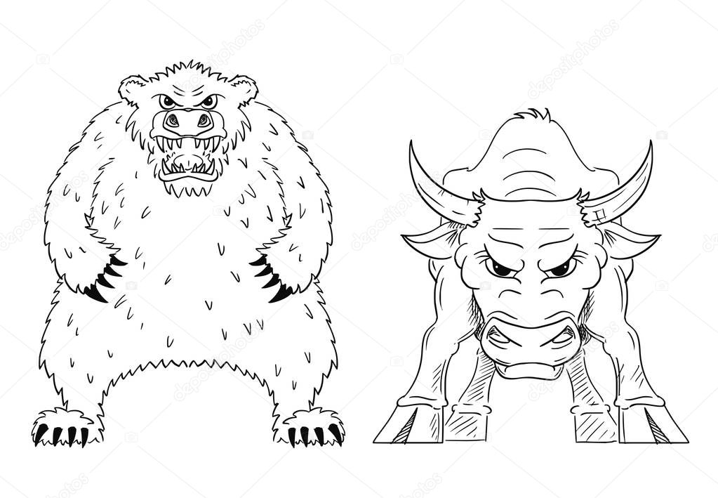 Cartoon Drawing of Bull and Bear as Rising and Falling Market Prices Symbol