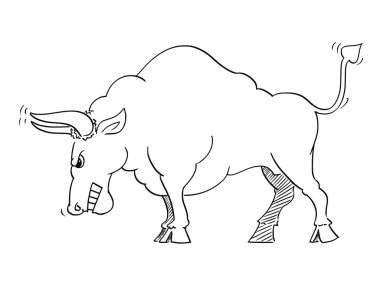 Karikatür çizim kızgın boğa yükselen piyasa fiyatları olarak sembolü