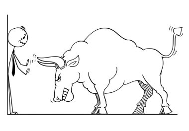 Karikatür işadamı yükselen piyasa fiyatları boğa tarafından köşeye itti sembolü