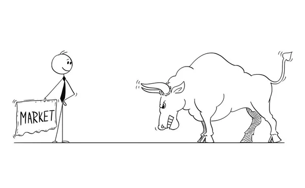Dibujos Animados del Empresario Torero Provocando Toro como Símbolo de Precios de Mercado en Aumento con Tela o Muleta — Vector de stock