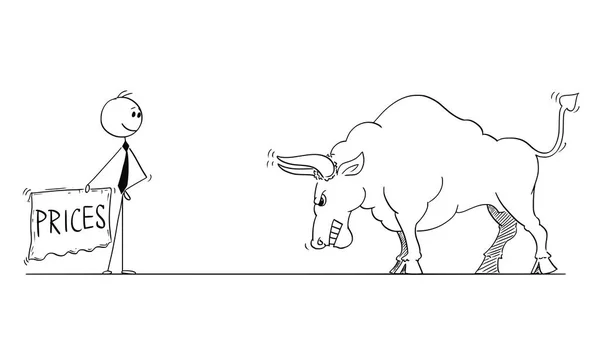 Kreslený podnikatel toreador provokující Bull jako Symbol rostoucí tržní ceny hadříkem nebo Muleta — Stockový vektor