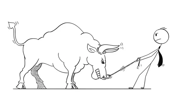 Desenhos animados do empresário puxando Bull como símbolo de preços de mercado em ascensão — Vetor de Stock