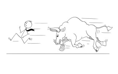 Karikatür uzak kızgın boğa yükselen piyasa fiyatları çalışan işadamı sembolü