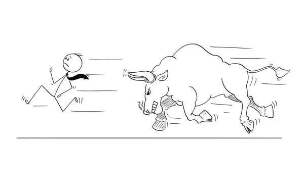 Cartone animato di uomo d'affari in fuga da Toro arrabbiato come aumento dei prezzi di mercato Simbolo — Vettoriale Stock