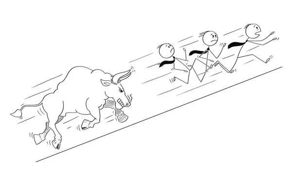 Γελοιογραφία της ομάδας επιχειρηματιών που τρέχεις μακριά από θυμωμένος ταύρων όπως αυξανόμενες τιμές αγοράς σύμβολο — Διανυσματικό Αρχείο