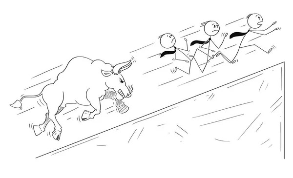 Мультфільм Групи бізнесменів, що біжать обгортання від розлюченого бика як зростання ринкових цін символ — стоковий вектор