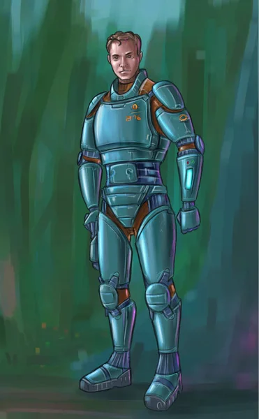 Concetto Art Science Fiction Illustrazione del personaggio futuristico di soldato o astronauta in armatura o tuta spaziale — Foto Stock