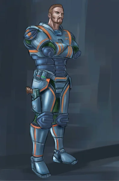 Concept Art Science Fiction Illustration of Futuristic Soldier Character in Armor With Pistol