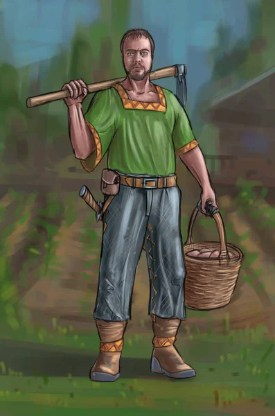 Concept Art Fantaisie Illustration d'un villageois, d'un paysan, d'un agriculteur ou d'un villageois avec houe et panier — Photo