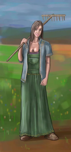 Concept Art Fantaisie Illustration d'une belle jeune femme de village, d'un villageois, d'une paysanne ou d'un agriculteur — Photo