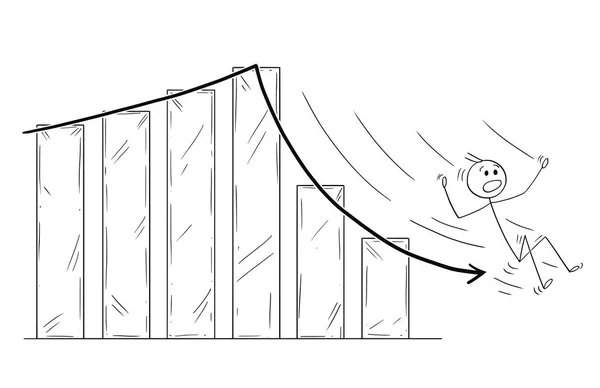 Desenhos animados do empresário deslizando ou deslizando para baixo a seta de gráfico de negócios caindo — Vetor de Stock