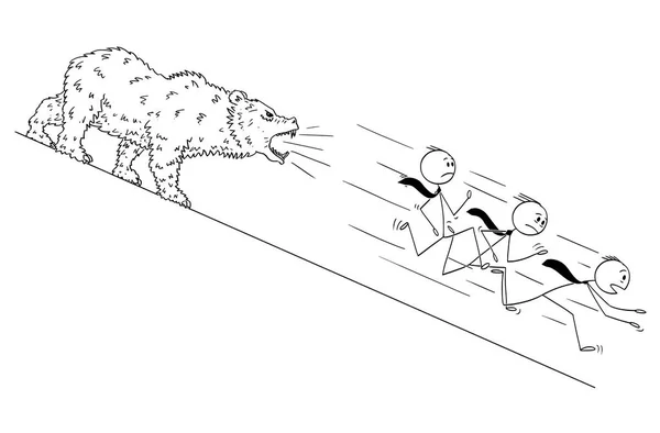 Dibujos animados de hombres de negocios corriendo colina abajo desde el oso — Vector de stock