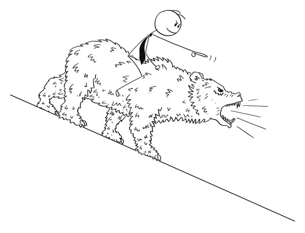 立ち下がりの市場価格のシンボルとして熊に乗ってビジネスマンの漫画の描画 — ストックベクタ