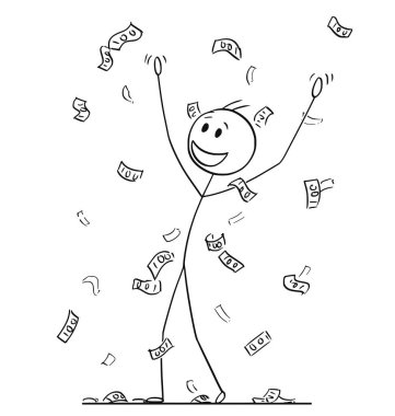 Adam veya işadamı para toplama gökten düşen yağmur, çizgi film