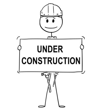 Karikatür işçi veya teknisyen Holding inşaat işareti altında