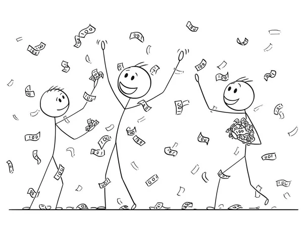 Dibujos Animados de Hombres o Empresarios Recolectando Dinero Lloviendo de Caer del Cielo — Vector de stock