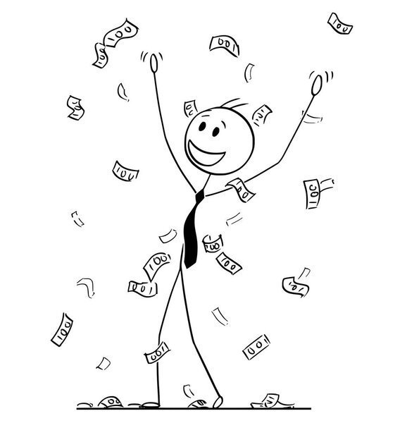 Карикатура на бизнесмена, собирающего деньги, падающие с неба
